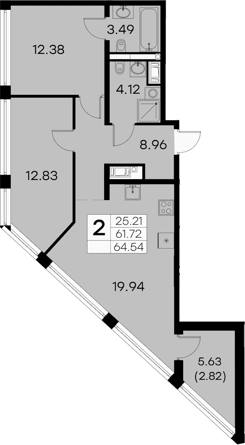 2-комнатная квартира 64.54 м², 14/19 эт., ЖК «GloraX Aura Vasileostrovsky»